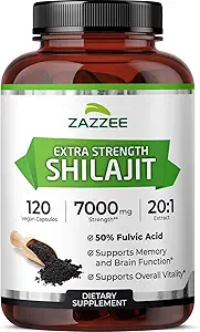 Zazzee 100% Καθαρό Shilajit Ιμαλαΐων 20:1 Extract, 7000 mg Δύναμη ανά κάψουλα, 50% Fulvic Acid, 120 Σερβιέτες ανά φιάλη, 20X Ικανότητα, Πλούσια σε Ορυκτά, Μη ΓΤΟ, Vegan, Κατασκευασμένο στις ΗΠΑ