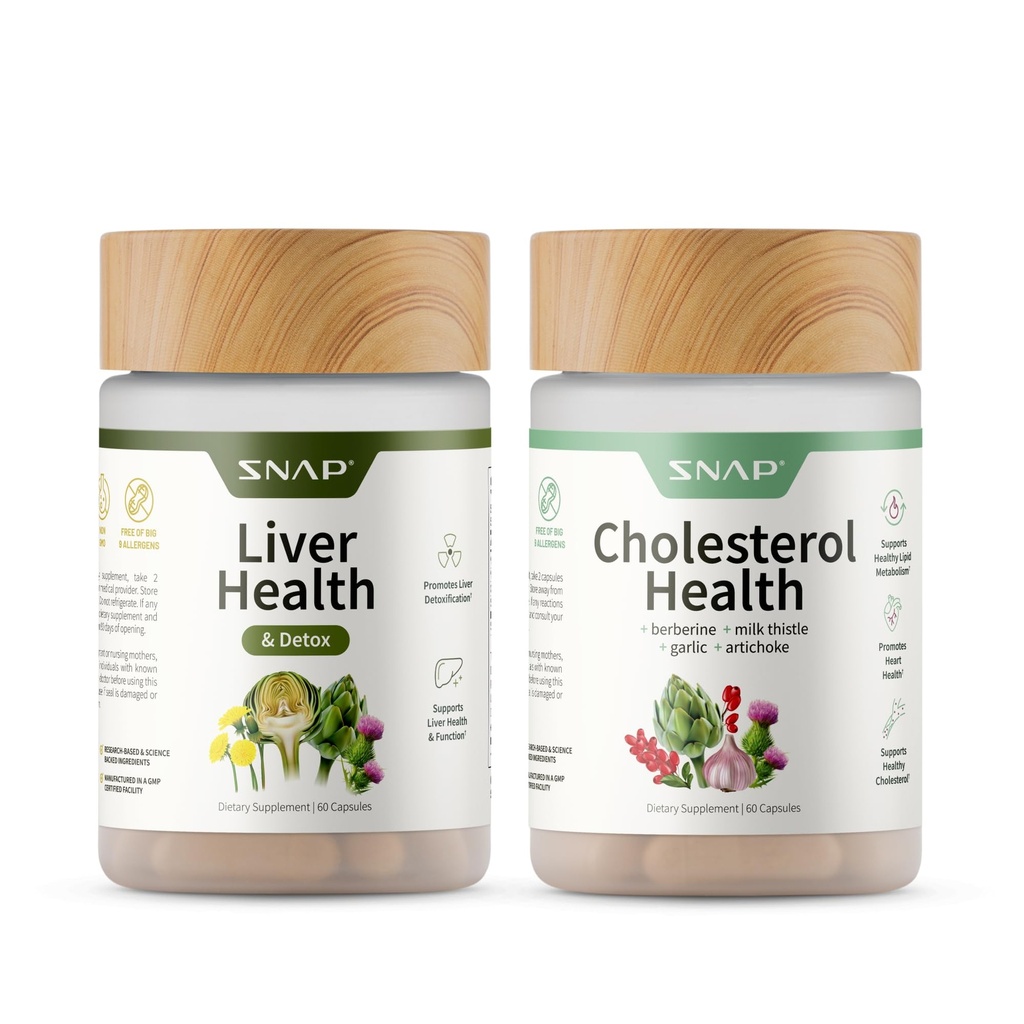 Snap Supplements Liver Health & Cholesterol Health Supplement Bundle with Milk Thistle, Resveratrol, Dandelion to Support Liver, Digestive and Metabolic Health, 60 Capsules Each (30-Day Supply)