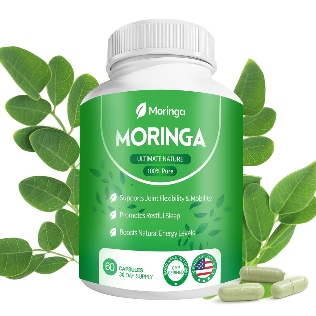 Moringa Capsules 800mg - Pure Moringa Powder Supplement for Energy, Immune, Skin & Gut Health - Caffeine-Free, Non-GMO Green Antioxidant Superfood 60 Vegan Capsules
