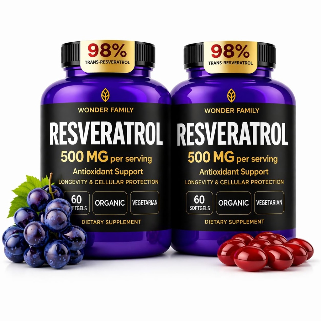Resveratrol Supplement 500mg – 98% Trans Resveratrol Organic Complex – NAD Resveratrol Antioxidants & Anti Aging Supplement for Heart Health, Wellness Formula, Healthy Cell Support - 120 Softgels