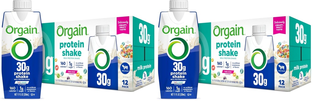 Orgain 30g High Protein Shake, Dairy Isolate Milk Protein, Fruity Cereal, 5g BCAAs, <1g Sugar Per Serving, Meal Replacement, Ready to Drink, Keto Friendly, Gluten-Free 11 Fl Oz,(Pack of 24)