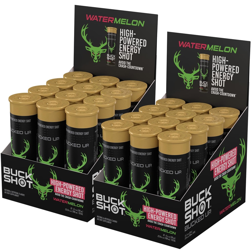 Bucked Up Buck Shot Energy Drink Shots | 200mg Natural Caffeine with Nootropic Blend | Non GMO Gluten Free Third Party Tested | Energy Focus Supplement | 24 Pack, 2x Cases of 12 | (Watermelon)