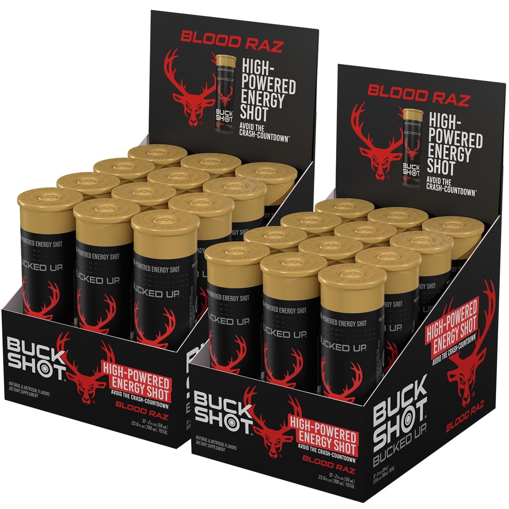 Bucked Up Buck Shot Energy Drink Shots | 200mg Natural Caffeine with Nootropic Blend | Non GMO Gluten Free Third Party Tested | Energy Focus Supplement | 24 Pack, 2x Cases of 12 | (Blood Raz)