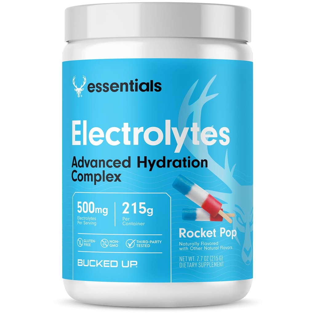 Bucked Up Essentials Electrolytes Rocket Pop | Advanced Hydration Complex with 500 mg Electrolytes Per Serving | Gluten Free Non GMO Third Party Tested Drink Mix | 230g (50 Servings)