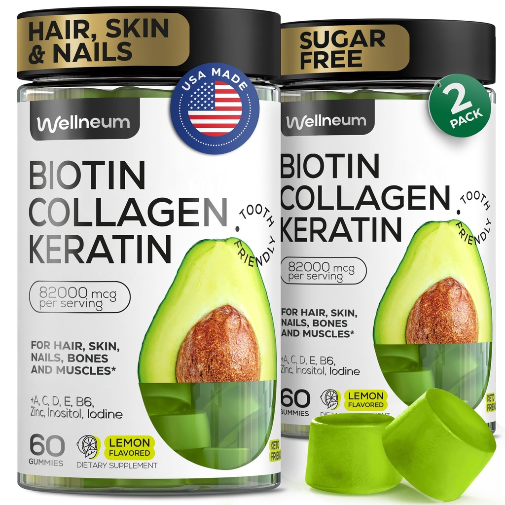 Βιοτίνη και κολλαγόνο Peptide Gummies για την ανάπτυξη των μαλλιών, το δέρμα και τα νύχια 120 PC (2 Pack) - 82000 McG - Βιοτίνη Μασώμενα με κερατίνη Max Strength - Ομορφιά Gummies για γυναίκες και άνδρες - Χωρίς ζάχαρη, μη-GMO