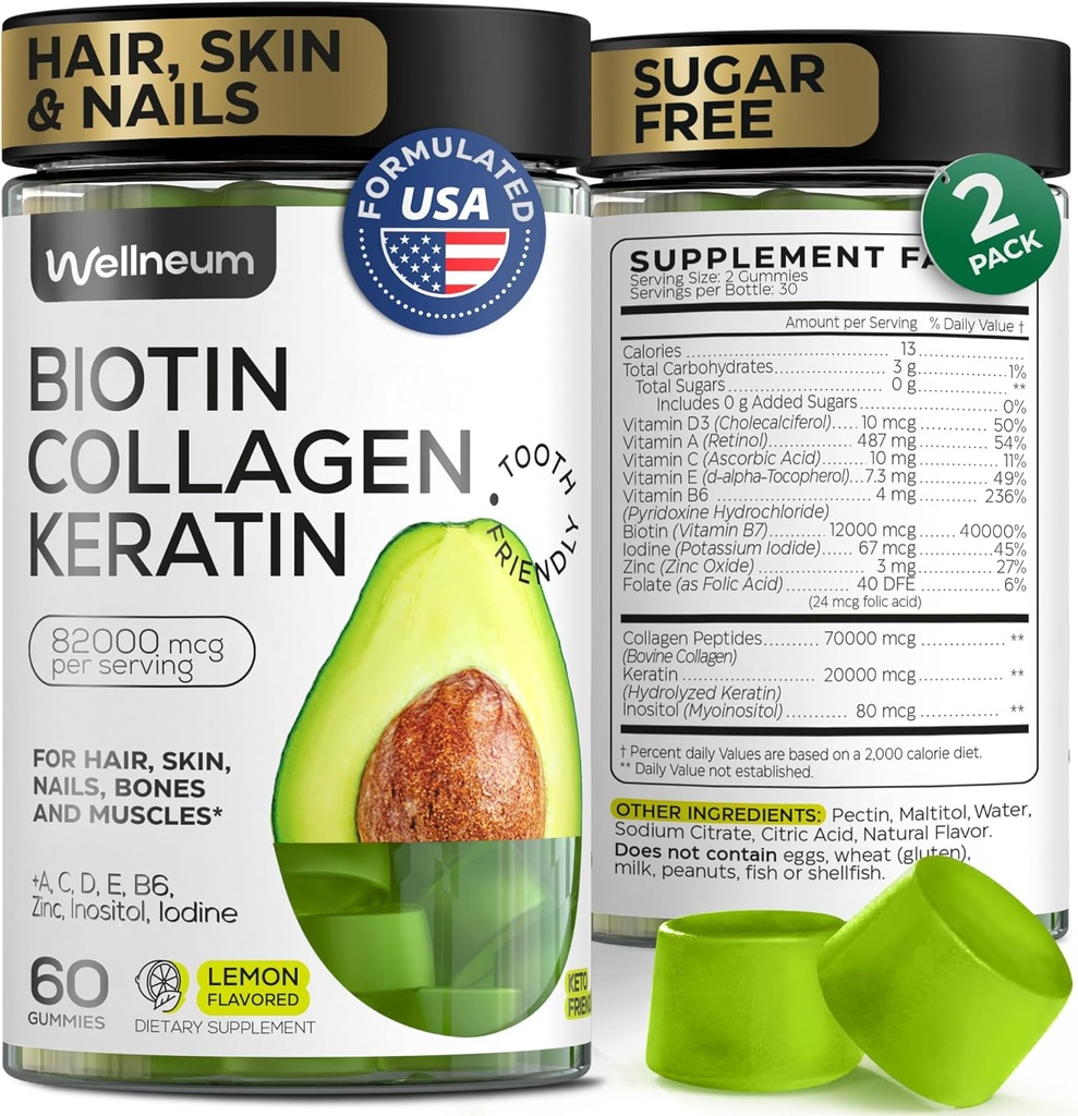Biotin and Collagen Peptide Gummies for Hair Growth, Skin and Nails 120 Pcs (2 Pack) - 82000 Mcg - Biotin Chewables with Keratin Max Strength - Beauty Gummies for Women and Men - Sugar Free, Non-GMO
