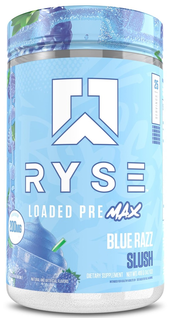 Ryse Loaded Pre Max Pre Workout Powder - Blue Razz Slush - 300mg Dual-Phase Caffeine for Sustained Energy for Men & Women - L-Citrulline, PeptiPump & Alpha-GPC for Power, Pumps & Focus - 25 Servings