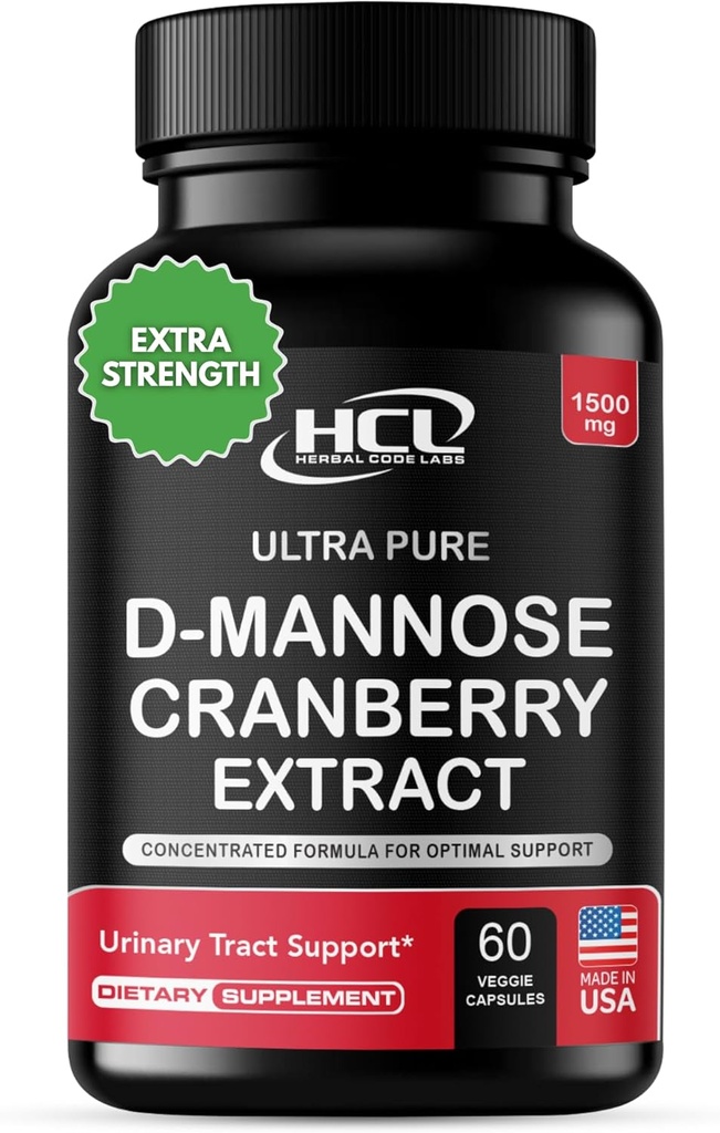 HCL HERBAL CODE LABS D-Mannose με Cranberry Extract Capsules 1500mg – Υψηλή ισχύς USP Βαθμού D- Mannose συμπλήρωμα με ολόκληρα φρούτα Cranberry σκόνη – Ουροκολλητική υποστήριξη – Non-GMO 60 κάψουλες
