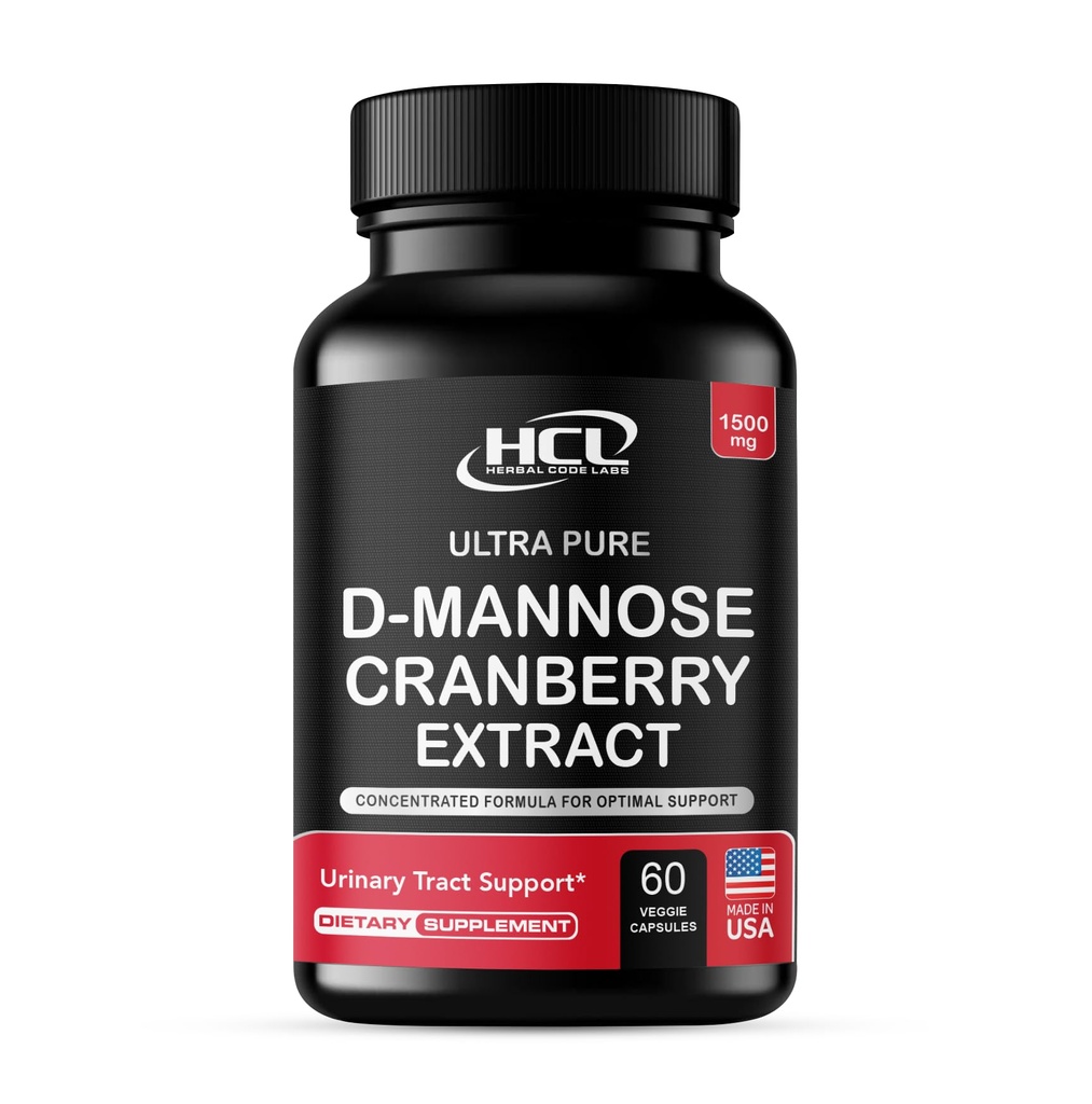 HCL HERBAL CODE LABS D-Mannose with Cranberry Extract Capsules 1500mg – High Potency USP Grade D-Mannose Supplement with Whole Fruit Cranberry Powder – Urinary Tract Support – Non-GMO 60 Capsules