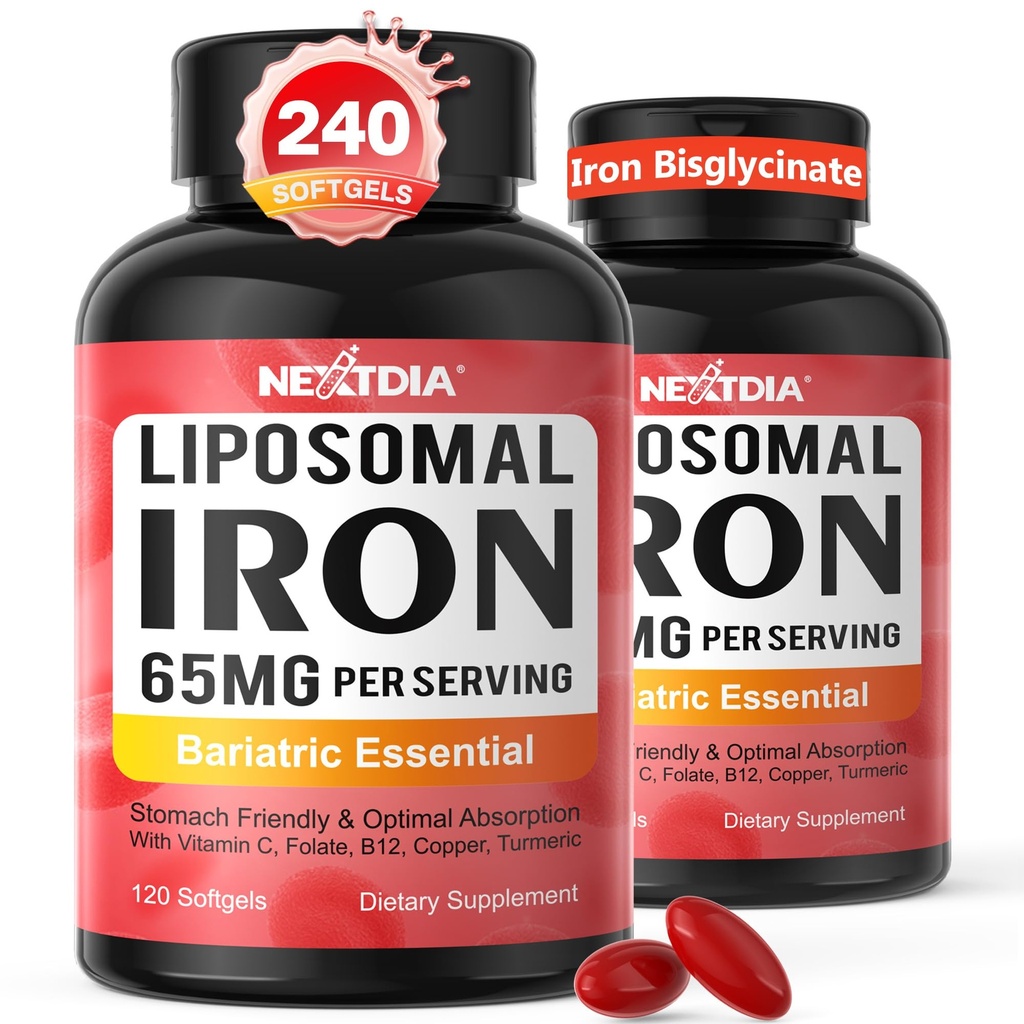 Liposomal Iron (Ferrous Bisglycinate) 65mg + Vitamin C, Bariatric Multivitamin with Iron, Gentle & High Bioavailability, No Nausea, Supports Post Gastric Bypass & Sleeve, Easy to Swallow, 240 Softgels