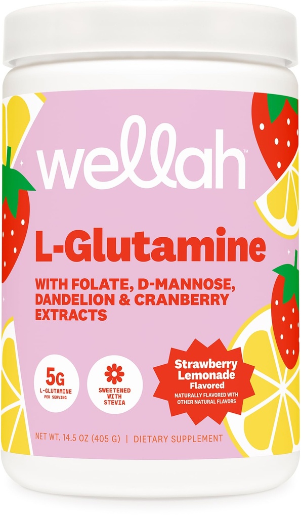 Wellah L-Glutamine Λεμονάδα Φράουλα Γεύση (50 Σερβίρει) - 5g L-Glutamine Per Serving, Γλυκό με Stevia