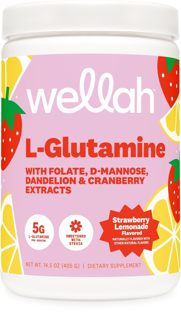 Wellah L-Glutamine Λεμονάδα Φράουλα Γεύση (50 Σερβίρει) - 5g L-Glutamine Per Serving, Γλυκό με Stevia