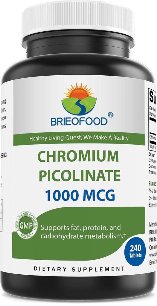 Brieofood Chromium Picolinate 1000 mcg Pills - 240 Tablets - 240 Servings - Non-GMO, Gluten Free