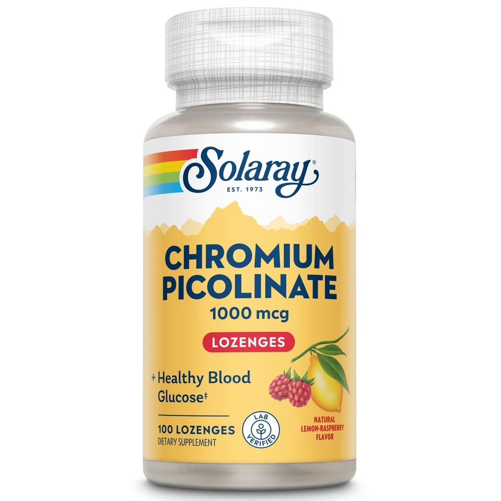 SOLARAY Chromium Picolinate 1000mcg Lozenges - Chromium Picolinate Supplement for Men & Women - Supports Healthy Blood Glucose and Overall Wellness - Natural Lemon-Raspberry Flavor, 100 Servings