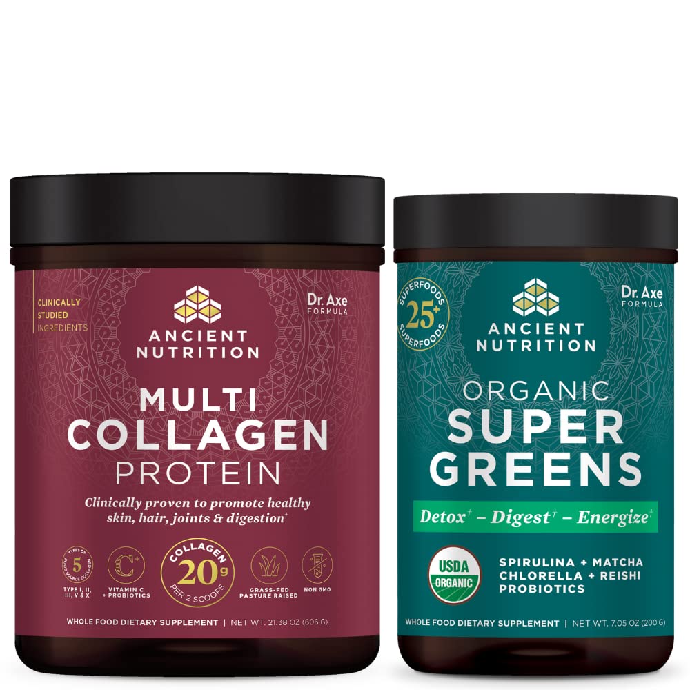 Ancient Nutrition Multi Collagen Protein Powder, Unflavored, 60 Servings + Supergreens Powder, Greens Flavor, 25 Servings