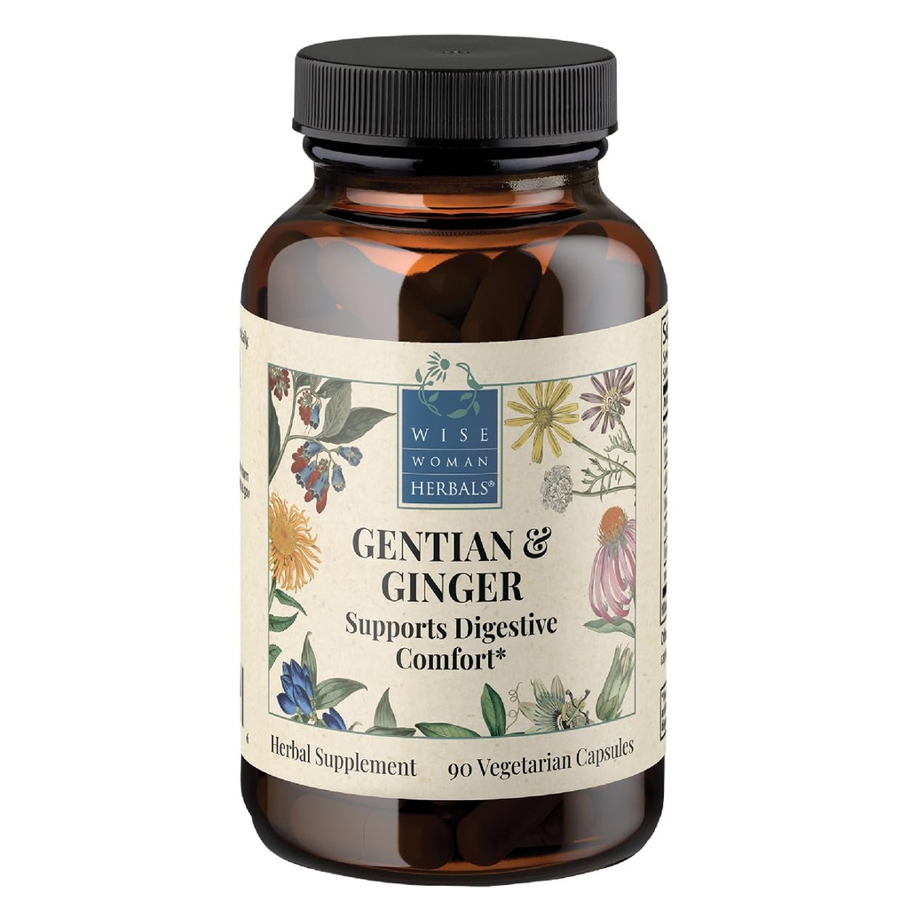 Wise Woman Herbals Gentian & Ginger Capsules, Pure Non-GMO, Herbal Digestive Bitters, Relieves Indigestion, Bloating, Gas & Upset Stomach, Supports Appetite, Gut & Liver Health, 90 Veg Caps