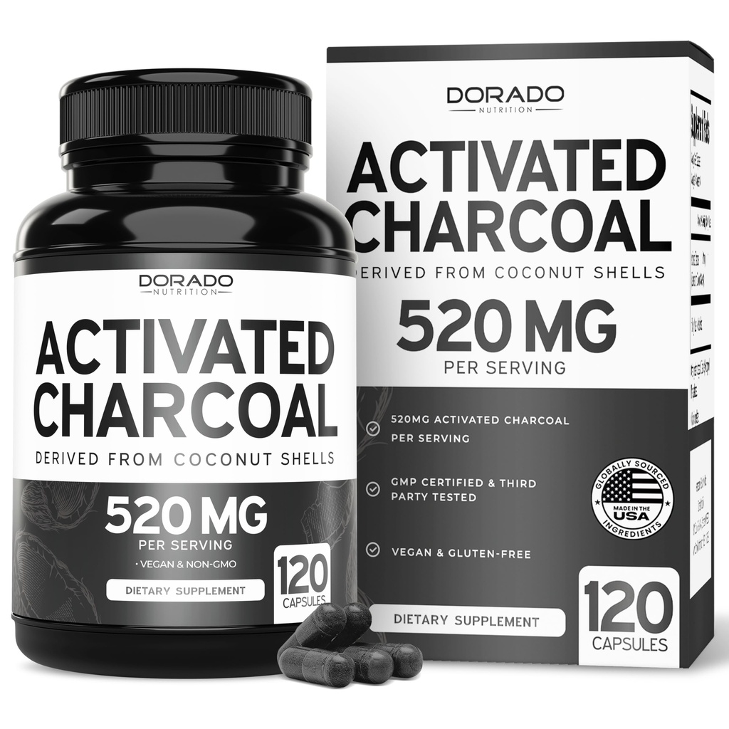 Organic Activated Charcoal Pills (120 Capsules) Activated Charcoal Derived From Coconut Shells Support Bloating & Detox 520mg Per Serving for Women & Men - Third Party Tested - Non GMO & USA Made