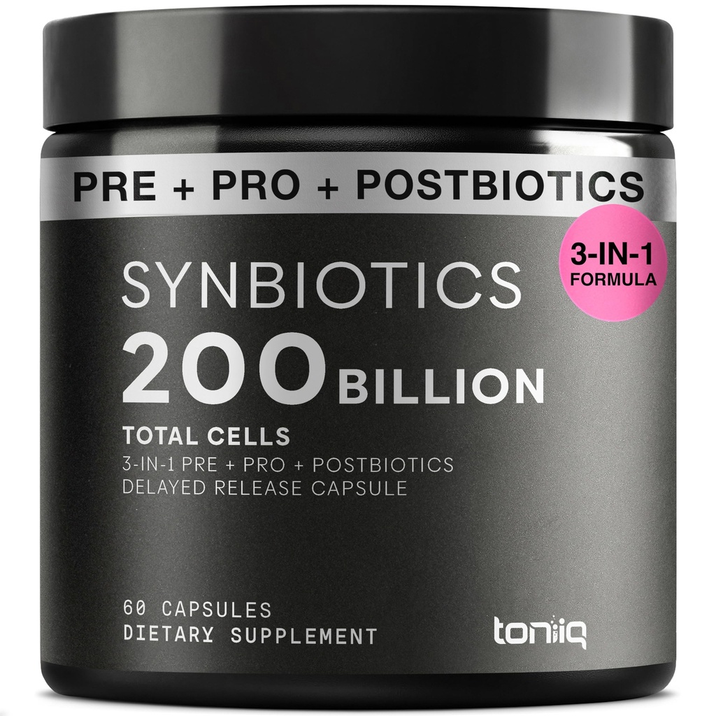 Toniiq Prebiotics and Probiotics – 200B CFU Synbiotic with Postbiotics IMMUSE® & ButyraGen® – 30 Strains for Gut & Digestive Health – Shelf-Stable – Third-Party Tested – 60 Capsules