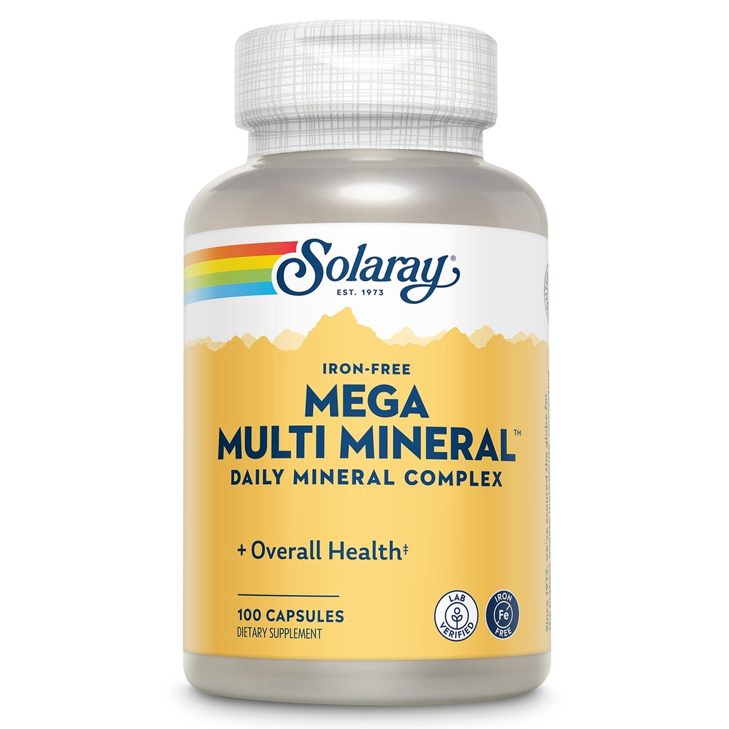 SOLARAY Mega Multi Mineral, Iron Free - ημερήσιο συμπλήρωμα ορυκτών w/Trace Minerals, Ηλεκτρολύτες, Ασβέστιο, Μαγνήσιο, Ψευδάργυρος, Σελήνιο, Βόριο - Κυτταρική Ενέργεια, Ανοσοποιητική Υποστήριξη, 60-Ημέρα Εγγύηση, 25 Serv
