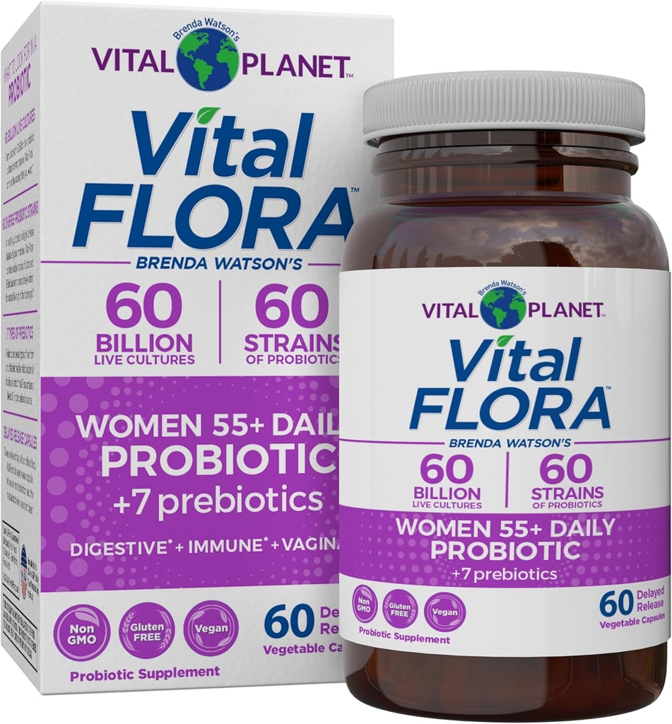 Vital Planet - Vital Flora Γυναίκες Πάνω από 55 Ημερήσιο Προβιοτικό, 60 δισεκατομμύρια CFU, Diverse Strains, Βιολογικά Πρεβιοτικά, Κολπική και Ανοσολογική Υποστήριξη, Πνευστική Υγεία Προβιοτικά για Γυναίκες 60 Κάψουλες