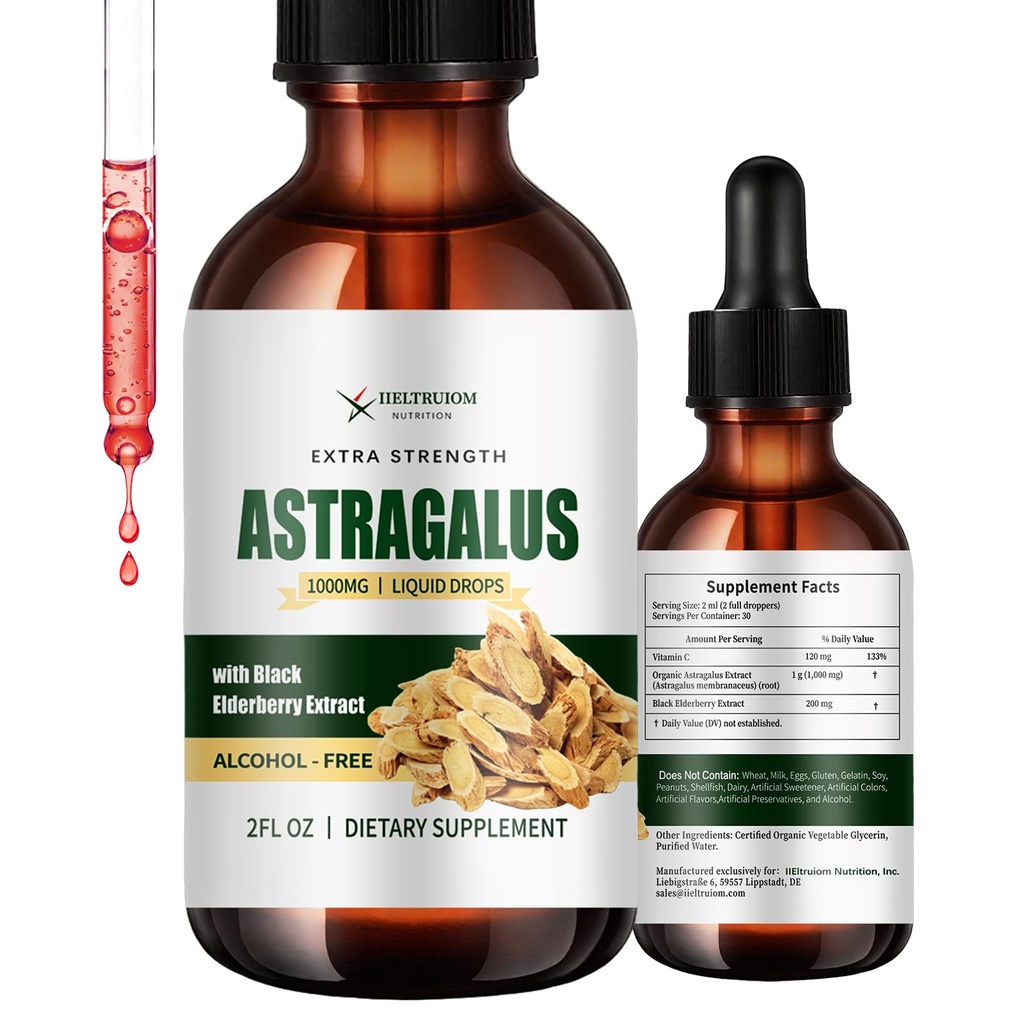 Organic Astragalus Root Liquid Extract with Black Elderberry & Vitamin C – 1000mg Astragalus Supplement, Alcohol-Free Astragalus Supplement, Immune Support Herbal Drops (30 Servings)