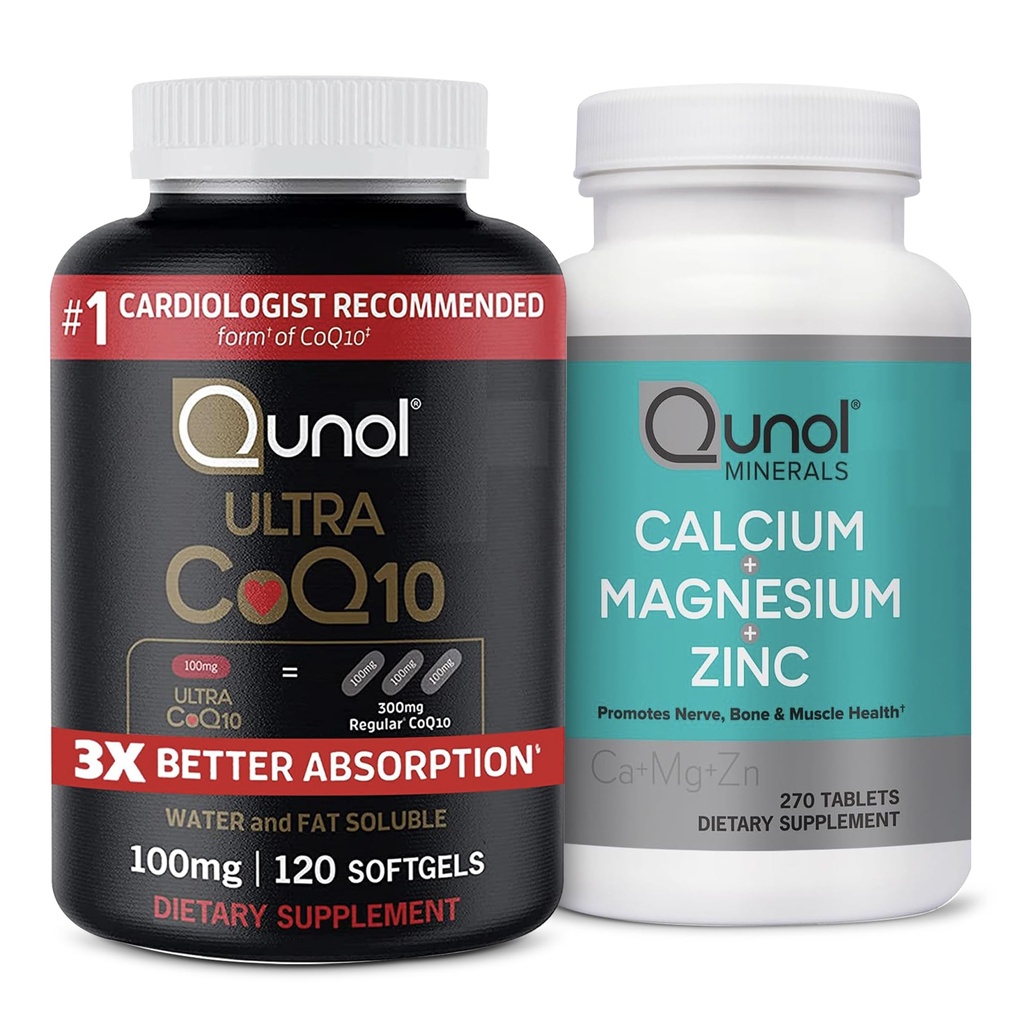 Qunol CoQ10 100mg Softgels, 3X Better Absorption, Antioxidant for Heart Health & Energy Production, 4 Month Supply, 120 Count Magnesium 3 in 1 Tablets with Calcium, Magnesium & Zinc, 270 Count