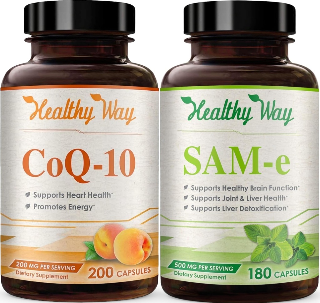 500mg SAM-e & Coenzyme Q10 200mg CoQ10 Supplement Bundle - Brain Mood Focus and Energy Support Bundle with CoQ10 and S-Adenosyl-L-Methionine Capsules (Over 6 Month Supply)