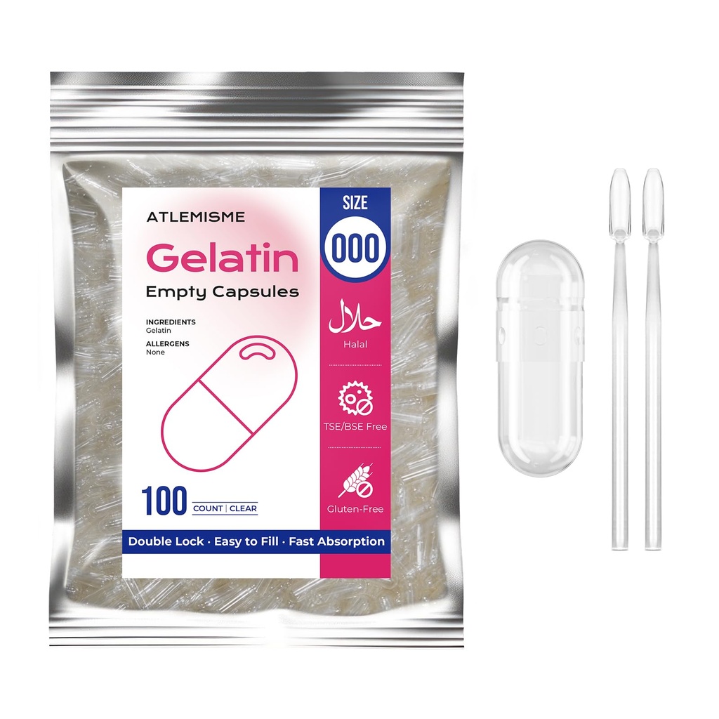 Empty Gelatin Capsules Size 000 - (100 Count) DIY Gelatin Capsule Filling - Caps with 2 Micro Lab Spoons for Capsule Filling