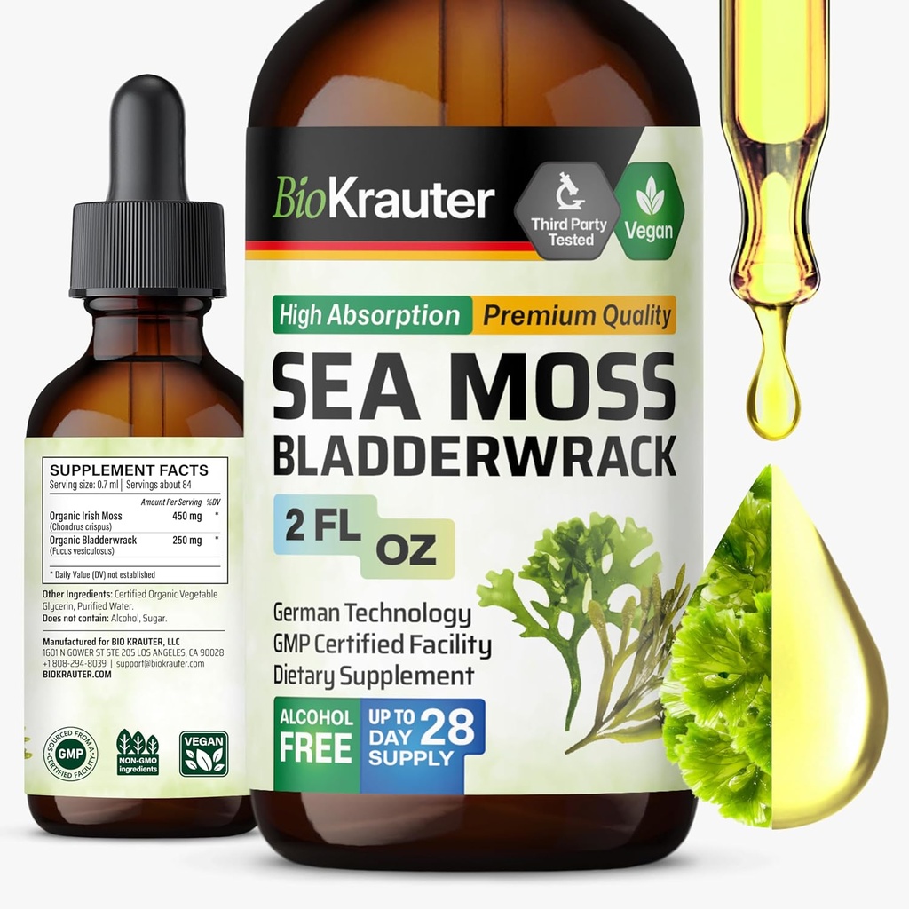 BIO KRAUTER Ιρλανδικές σταγόνες Moss - Chondrus Crispus Sea Moss συμπλήρωμα με Bladderwrack - Αλκοόλ & Ζάχαρη Δωρεάν συμπλήρωμα ιωδίου - 2 fl.Oz.