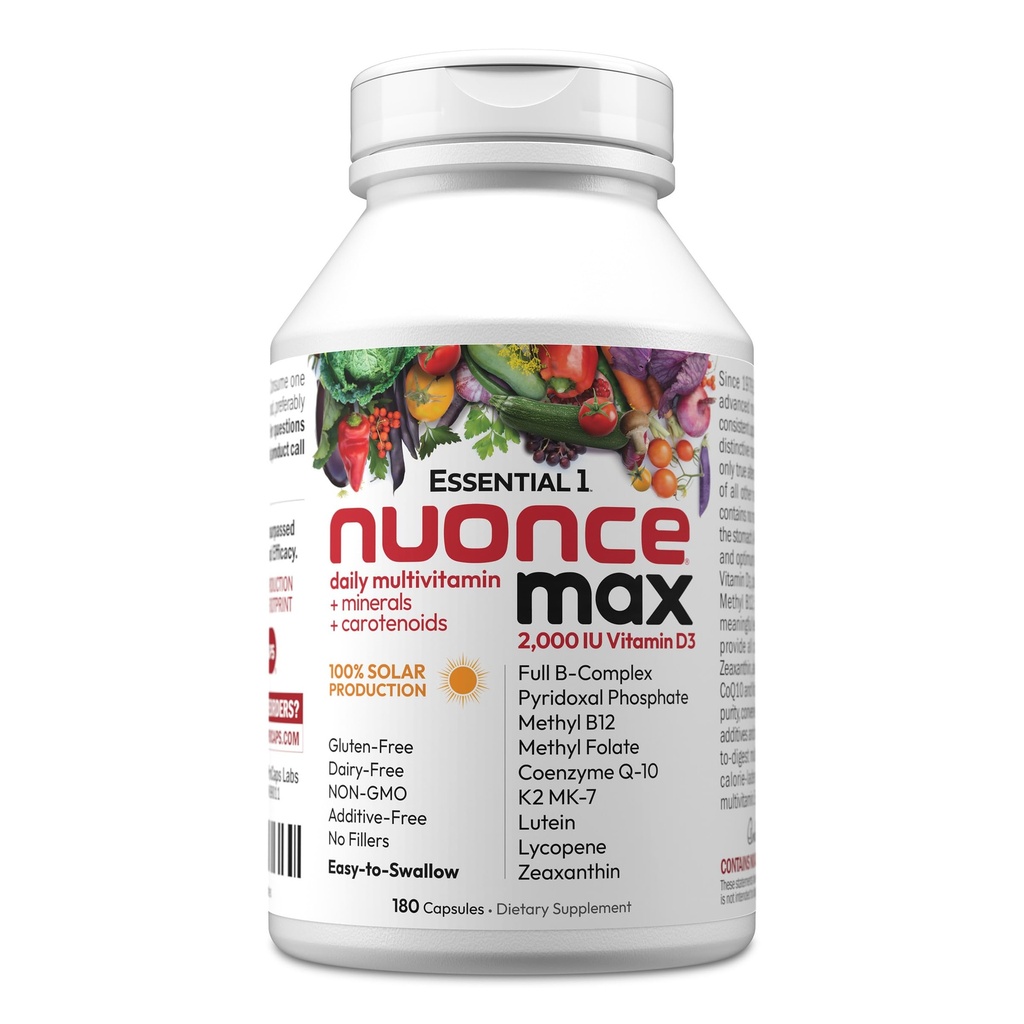 ANDREW LESSMAN Essential-1 nuonce max Multivitamin 2000 IU Βιταμίνη D3 180 Μικρά Καψάκια. 100 mcg Μεθύλιο B12. CoQ10 Λουτεΐνη Λυκοπένιο Ζεαξανθίνη. Υψηλή ισχύς. Χωρίς Πρόσθετα. Ultra- Mild One Καθημερινή Καψάκιο