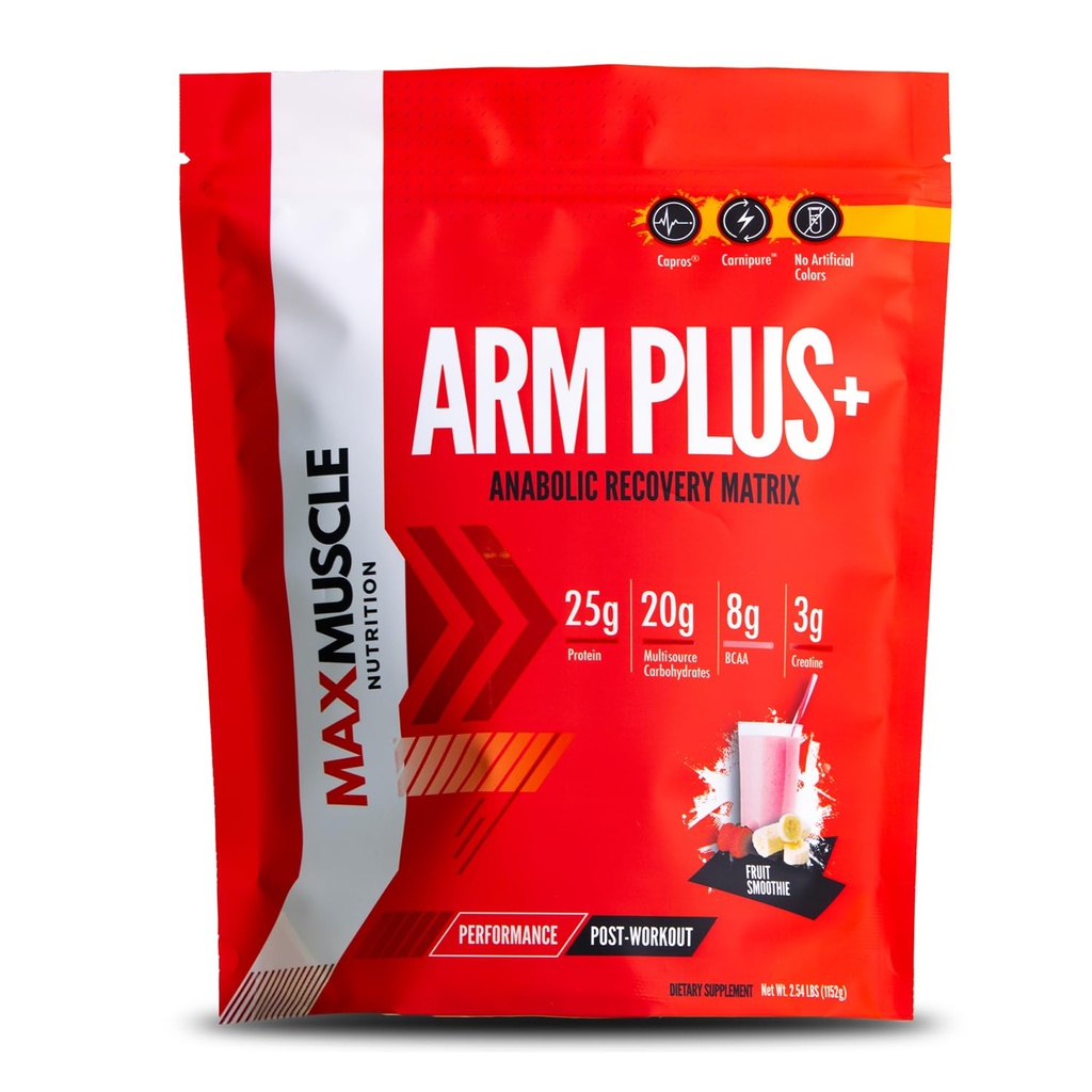 Max Muscle Arm Plus+ Anabolic Recovery Matrix | 25g Protein, 8g Bcaas, 3g Creatine Monohydrate | Whey Protein, Amino Acid, Antioxidants, Glutamine, Electrolyte Complex (Fruit Smoothie, 2.54 lb)