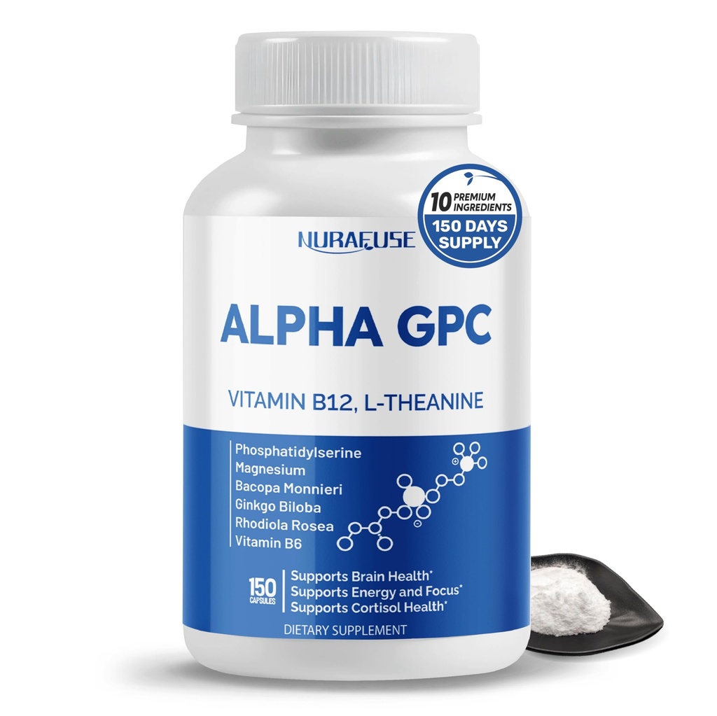 High Potency Alpha GPC with Vitamin B12, L-Theanine, Phosphatidylserine, Magnesium, Bacopa Monnieri, Ginkgo Biloba – Supports Brain Health, Energy & Focus