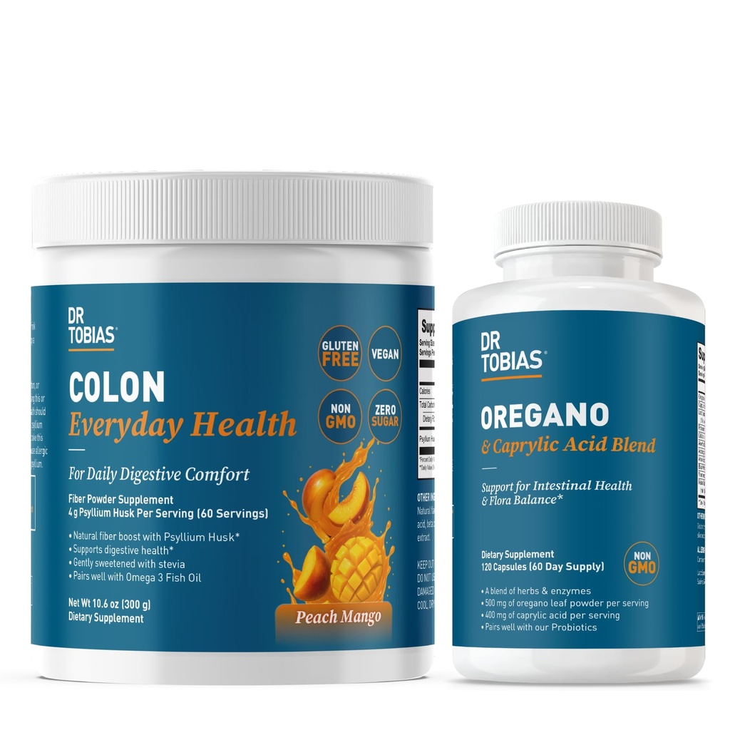 Dr. Tobias Colon Everyday Health & Oregano and Caprylic Acid Blend – Psyllium Fiber Drink & Gut Balance Complex with Digestive Enzymes, Probiotics & Oregano for Digestive Cleanse & Microbial Support