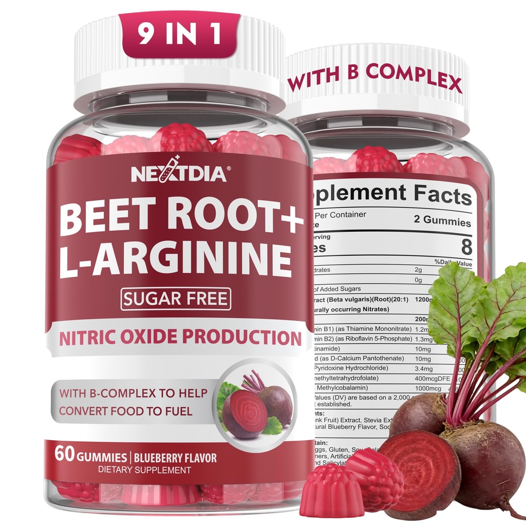 Beet Root Gummies, Beetroot & L-Arginine, Red Beets Supplements w/ Vitamin B1, B2, B3, B5, B6, Folate, B12 for Energy Boost & Circulation Support, Sugar Free Nitric Oxide Gummies, 120 Beet Chews