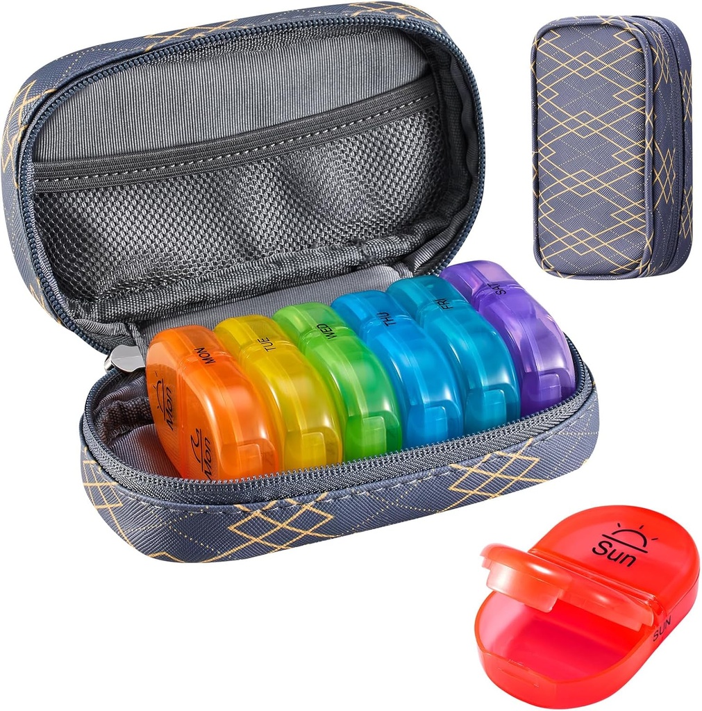 Serfeymi Weekly Travel Pill Organizer 2 Times A Day AM PM Αναβάθμιση του κιβωτίου χαπιών Rainbow 7 Day with Portable Zipper PU Leather PU Hill Case, Medicine Organizer for Pills, Vitamins, Fish Oils - Lines 01