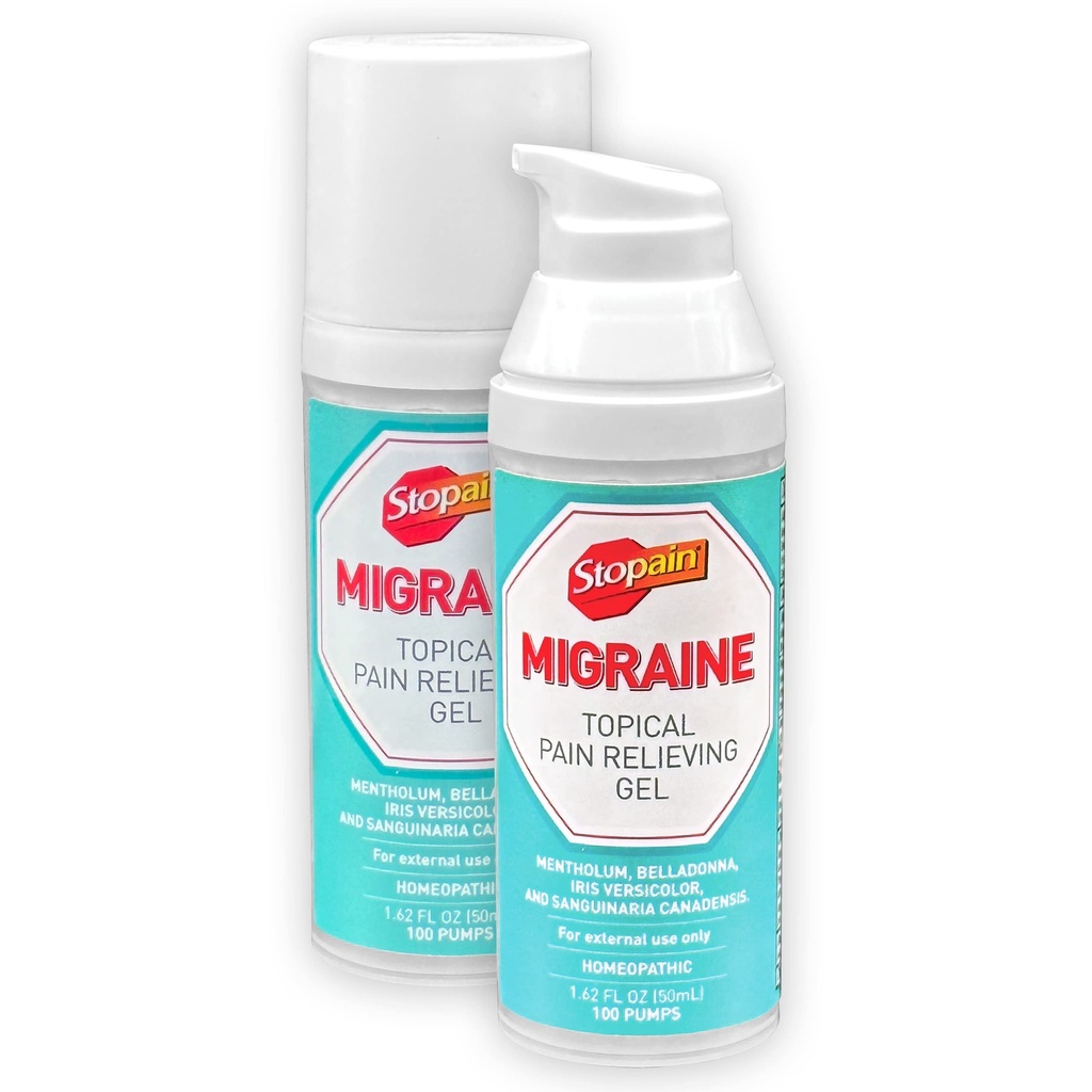 Stopain Migraine Pain Relief Gel Pump, 1.62oz (2 Pack), USA Made, Max Strength Fast Acting Research Proven Effective Topical, No Known Side Effects or Drug Interactions, HSA FSA Approved Products