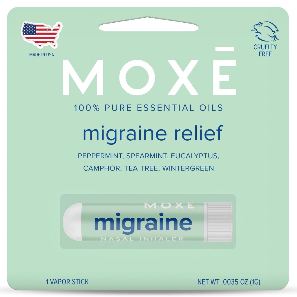 MOXE Migraine Relief Nasal Inhaler, Essential Oils for Headaches & Tension Relief, Portable Aromatherapy, Easy-to-Use, Pure & Undiluted, Peppermint, Spearmint, Eucalyptus, Tea Tree, USA Made, 1 Pack