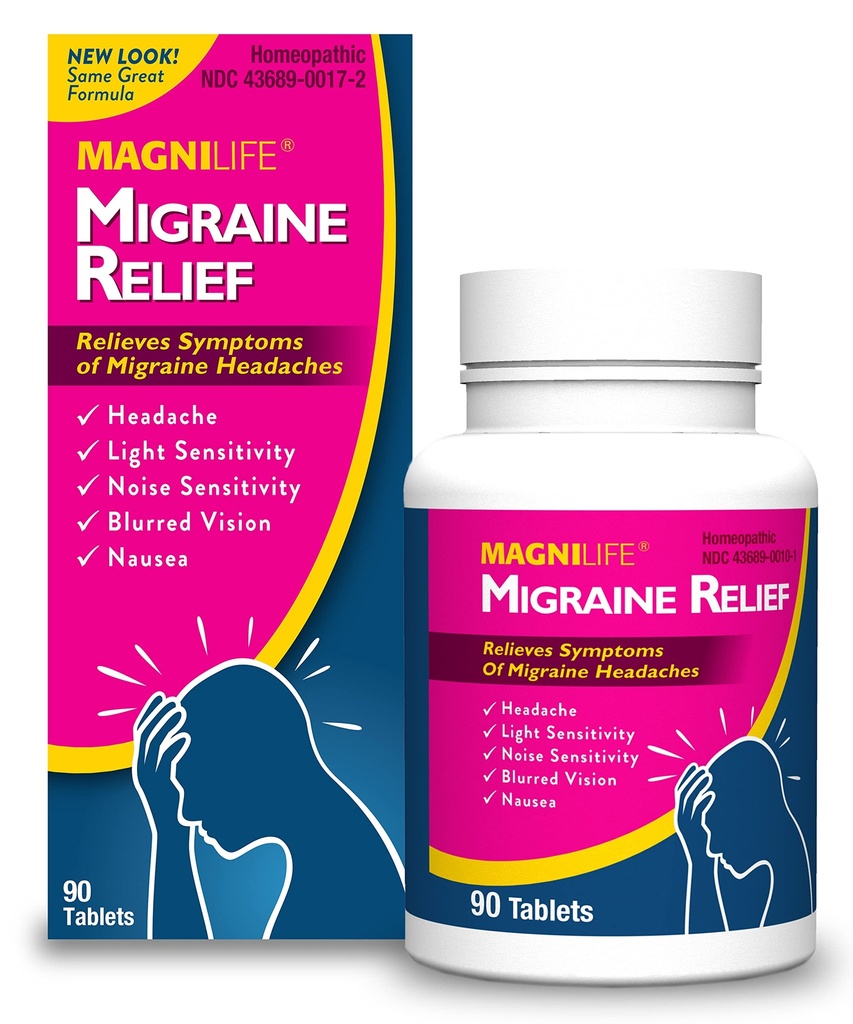 MagniLife Migraine Relief, Non-Habit Forming, 90 Homeopathic Tablets, Migraine Medicine for Light & Sound Sensitivity, Nausea, Blurred Vision & Pressure, Quick-Dissolve Headache Pain Relief