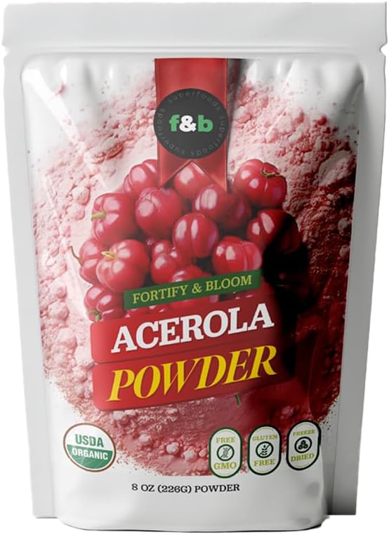 F&b superfoods Pure Organic Acerola Cherry Powder Freeze Αποξηραμένη (8oz), Βιολογική Βιταμίνη C Σκόνη για το ανοσοποιητικό σύστημα Booster, Smoothie, Cherry Juice, Acerola Vitamin c Bulk Powder, Brazil Origin.