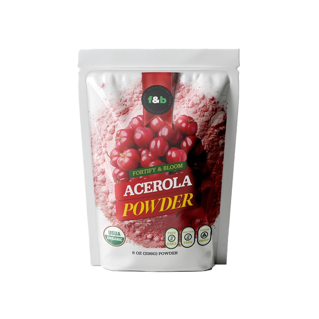 F&b superfoods Pure Organic Acerola Cherry Powder Freeze Αποξηραμένη (8oz), Βιολογική Βιταμίνη C Σκόνη για το ανοσοποιητικό σύστημα Booster, Smoothie, Cherry Juice, Acerola Vitamin c Bulk Powder, Brazil Origin.