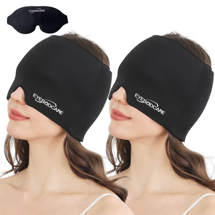 2 Pack Migraine Relief Cap, Reusable Headache Relief Cap with Hot & Cold Therapy, Soothing Headache Hat, Odorless Gel Ice Head Wrap for Tension, Stress, Sinus & Headache, Black