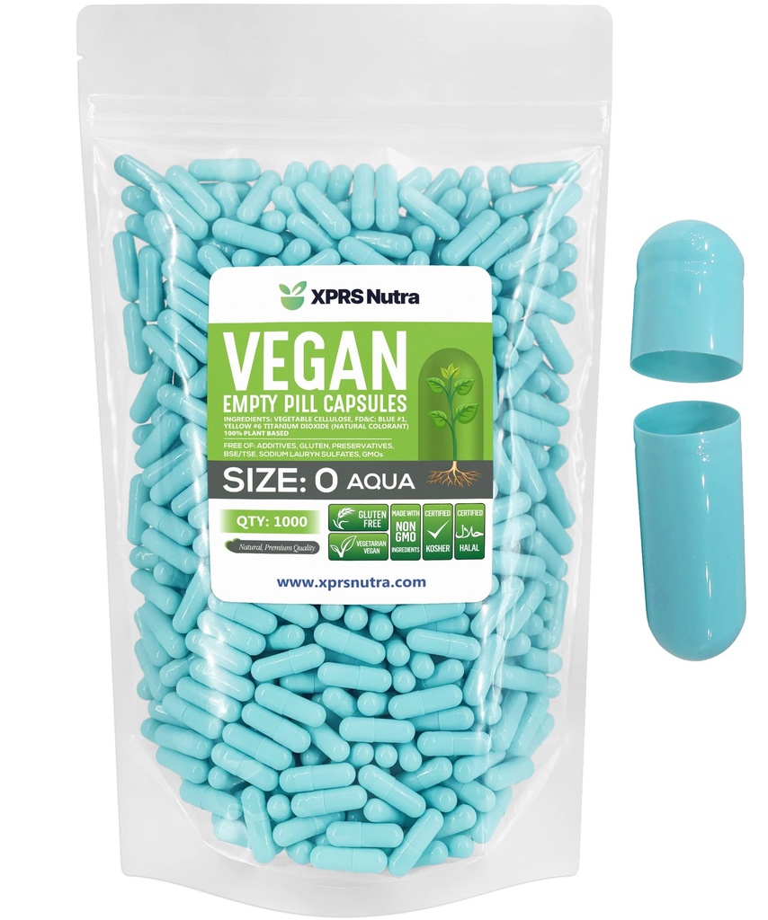 XPRS Nutra Size 0 Κενές κάψουλες - 1000 Κάψουλες Vegan - Χορτοφαγικά Χάπια - DIY Καψάκιο Γέμισμα - Veggie χάπια Gel Caps για Do-It-Yourself Συμπληρώματα (Aqua)