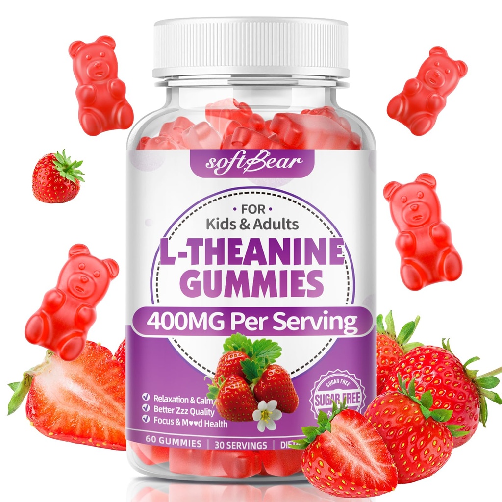 softbear L-Theanine 400mg Gummies for Kids & Adults, L Theanine Supplement with Ashwagandha, GABA, 5-HTP Supports Calm & Relax & Focus, Sugar-Free/Vegan/GMO-Free, Strawberry Flavor 60 Count