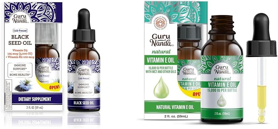 GuruNanda Black Seed Oil, Ψυχρό-Pressed Nigella Sativa - Πλούσιο σε Βιταμίνη D3 5000 Μονάδες, K2 & E & Vitamin E Oil (2 Fl Oz) - 100% Καθαρό & Φυσικό, 15.000 IU ανά Μπουκάλι για το δέρμα, τα μαλλιά, το πρόσωπο