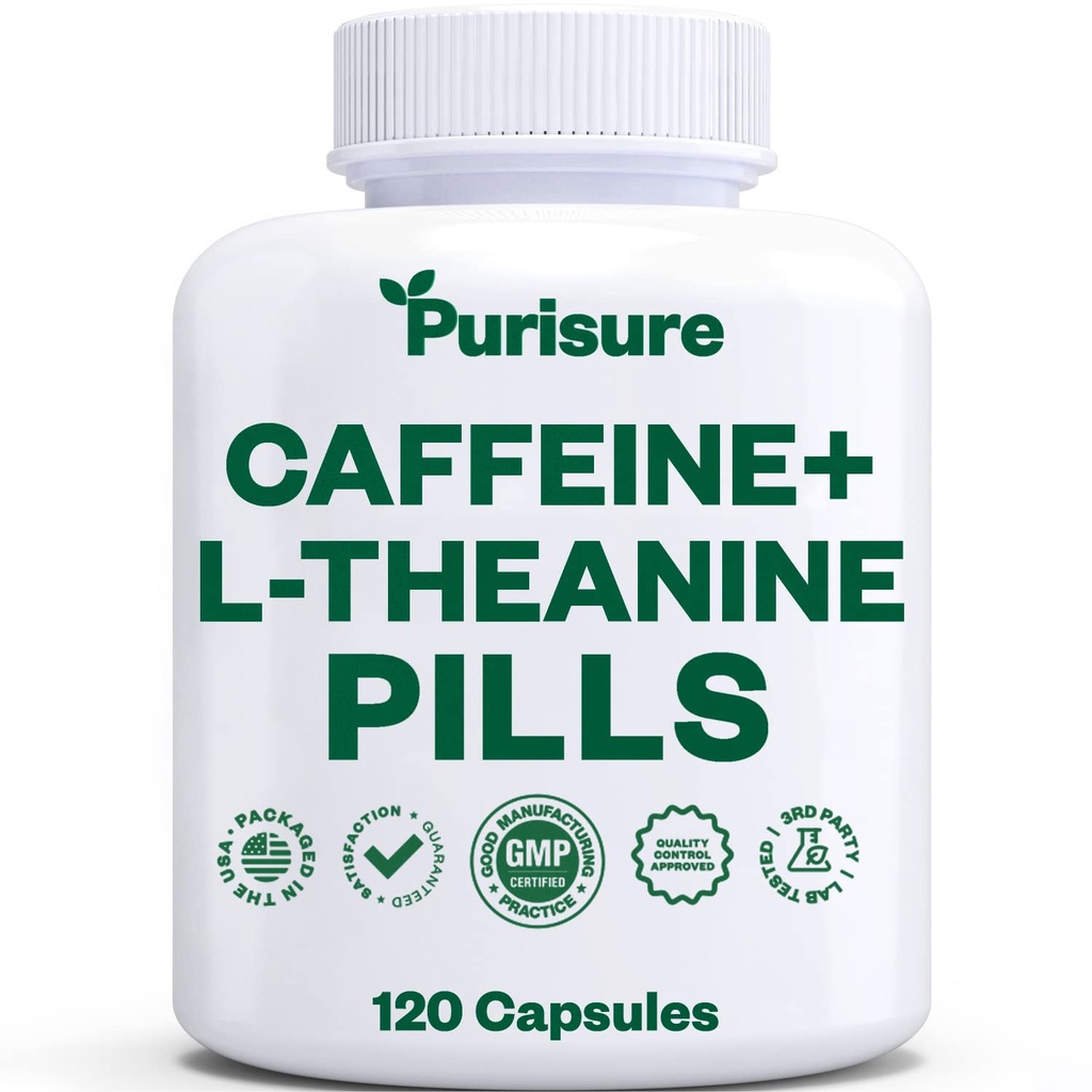 Purisure Caffeine Theanine Capsules, Caffeine Pills 100mg L Theanine for Pre Workout, Energy, and Clarity, Energy Pills for Fatigue, Nootropic Supplement, 120 Day Supply
