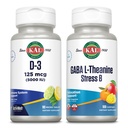 KAL Vitamin D-3 5000 IU ActivMelt and GABA L-Theanine Stress B Lozenge Bundle - 90 Instant Dissolve, Natural Lemon Lime Flavor Micro Tablets and 100 Natural Mango Tangerine Flavor Lozenges
