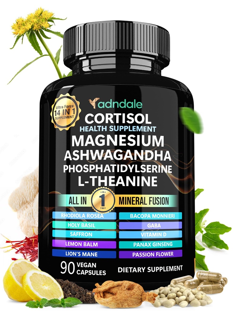 Adndale Cortisol Supplements for Women. Ashwagandha Supplements with Magnesium Glycinate, L-Theanine & More. Cortisol Reducer for Women - 90 Capsules