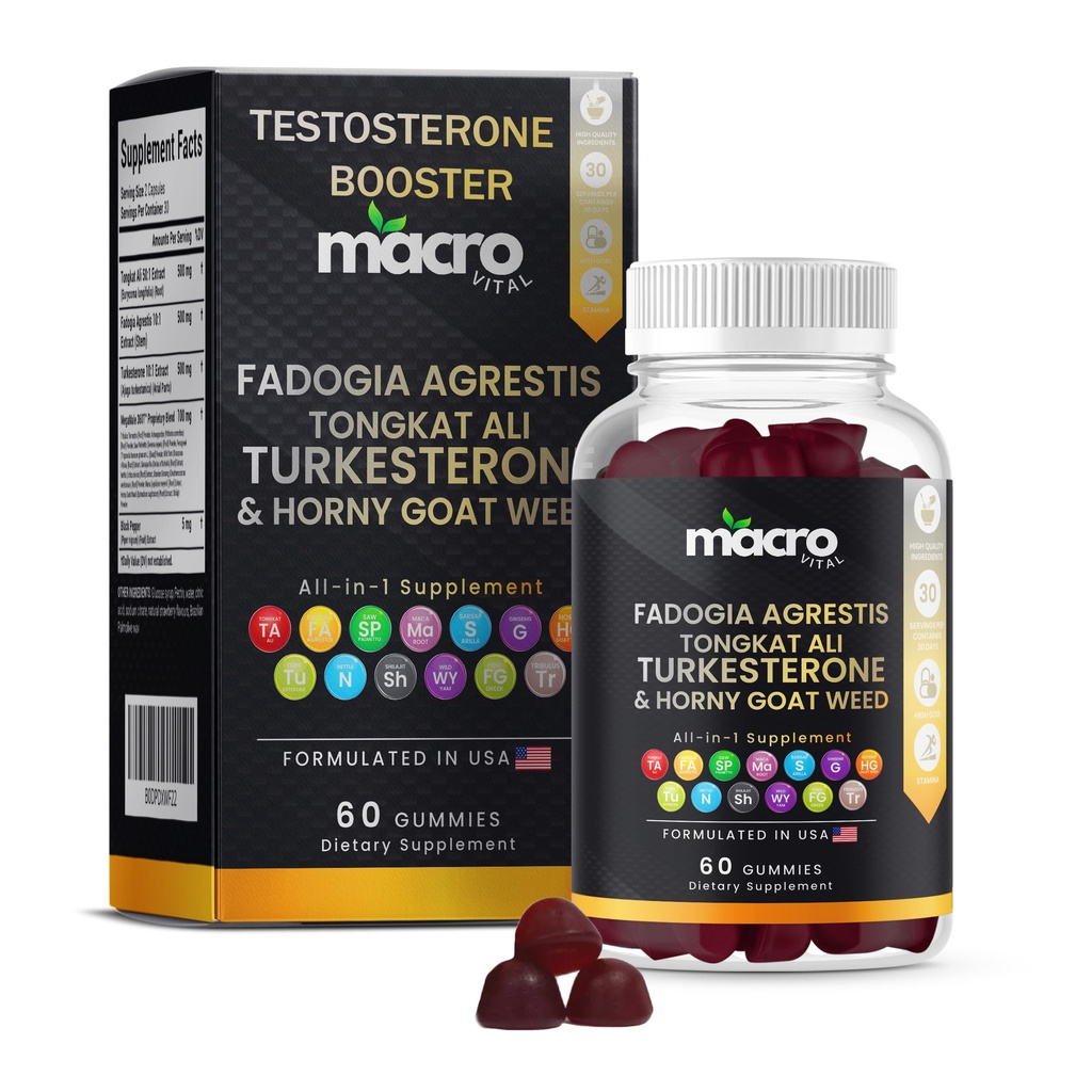 Testosterone Booster for Men Gummies [Fast-Max Absorption] Masculinity Boost, Turkesterone, Tongkat Ali, Horny Goat Weed, Maca Root, Tribulus,Testo Gummies 60Ct