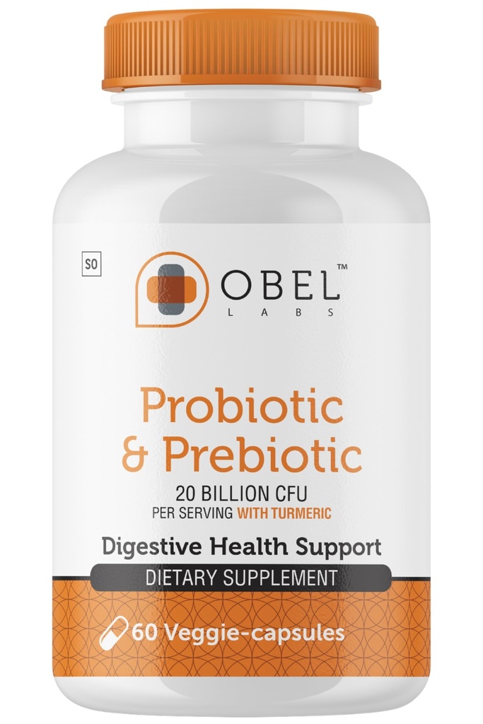 obel Probiotic & Prebiotic Supplement with Turmeric | 20 Billion CFU | 60 Capsules (30 Day Supply) | 4 Strains | Supports Digestion, Gut Balance, Regularity & Comfort
