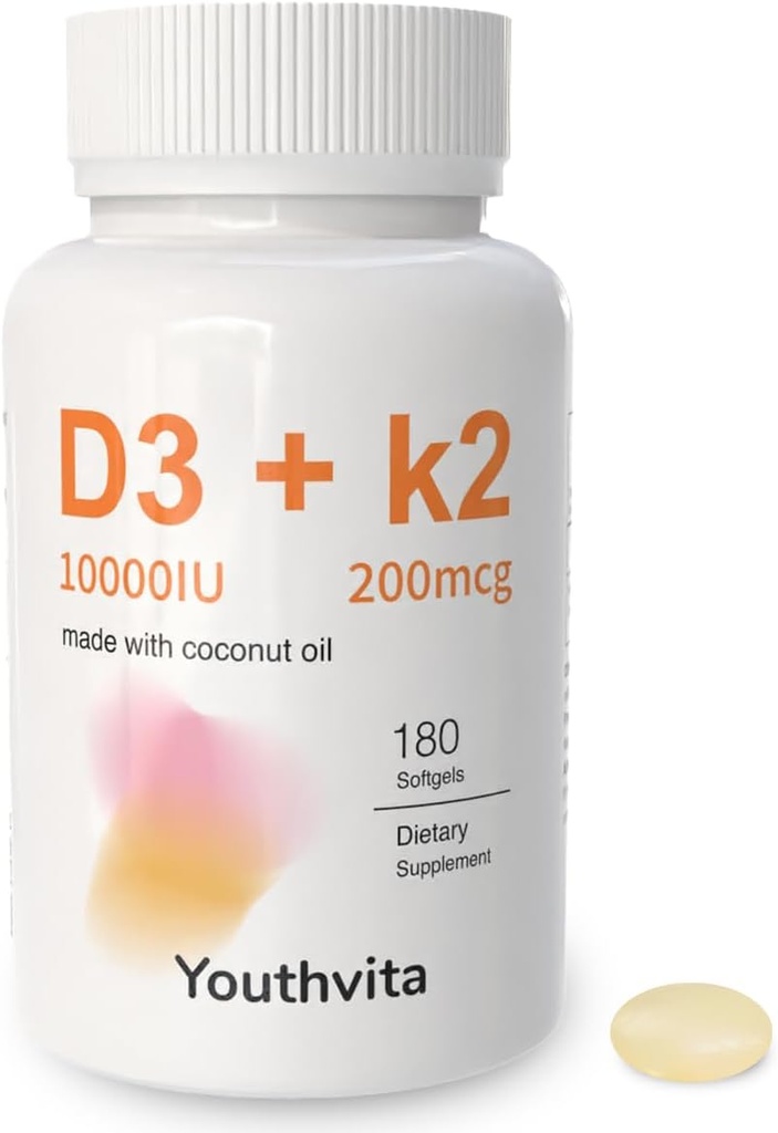 d3 k2 Βιταμίνη 10000 u, 180 Coconut Oil Softgels 